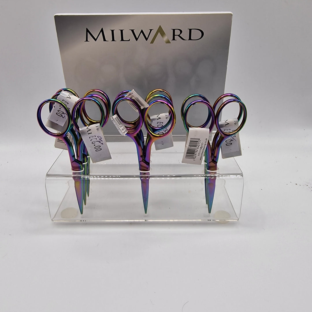 A pair of Milward embroidery scissors in rainbow colors displayed in a clear plastic case with the brand name 'Milward' printed at the top.