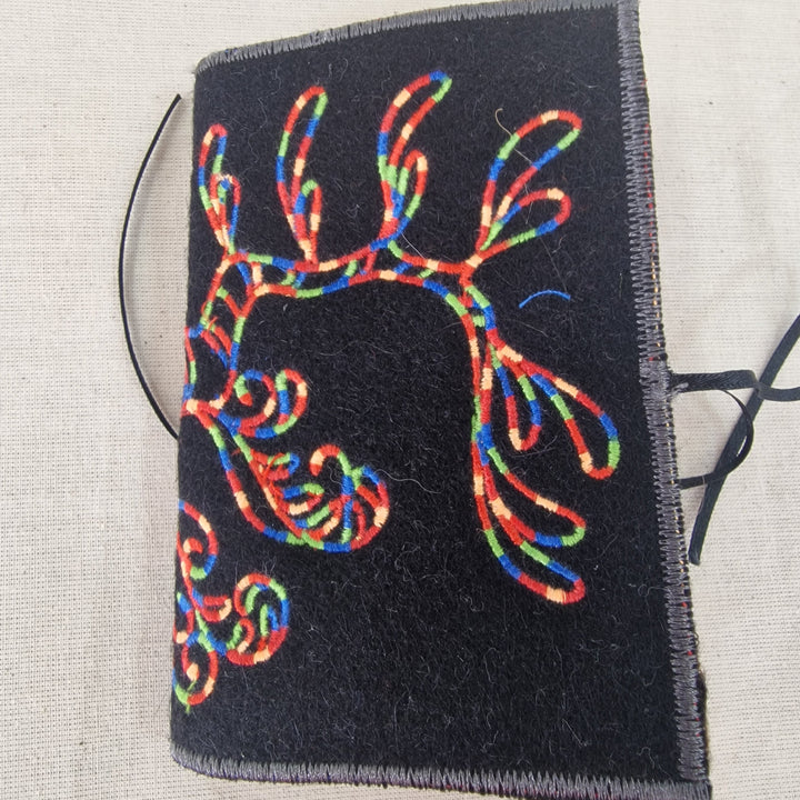A black felt Needlecase featuring a colourful embroidered seahorse tail design, shown on a neutral beige textured fabric background.