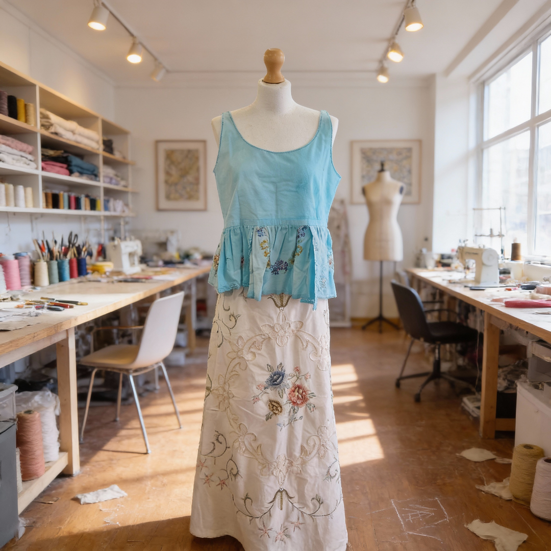 Mannequin wearing a blue top and white skirt with floral embroidery in a bright workshop.