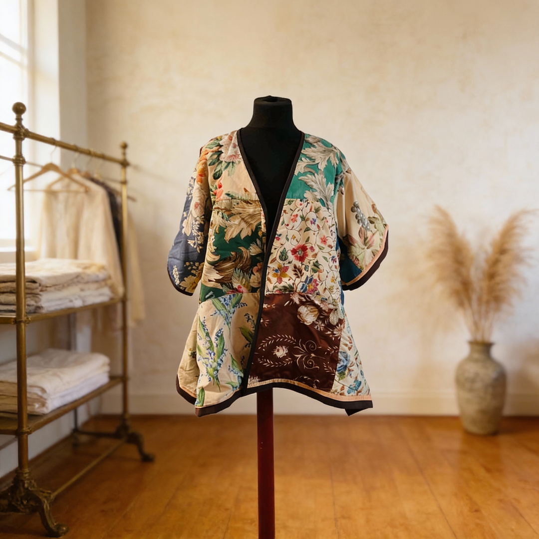 Floral patterned jacket on a mannequin in a room with shelves and decor.