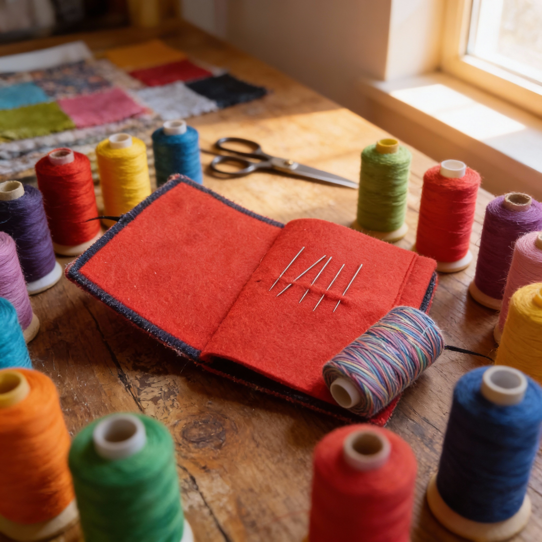 Red  needlecase open with needles surrounded by colorful thread spools on a wooden surface.