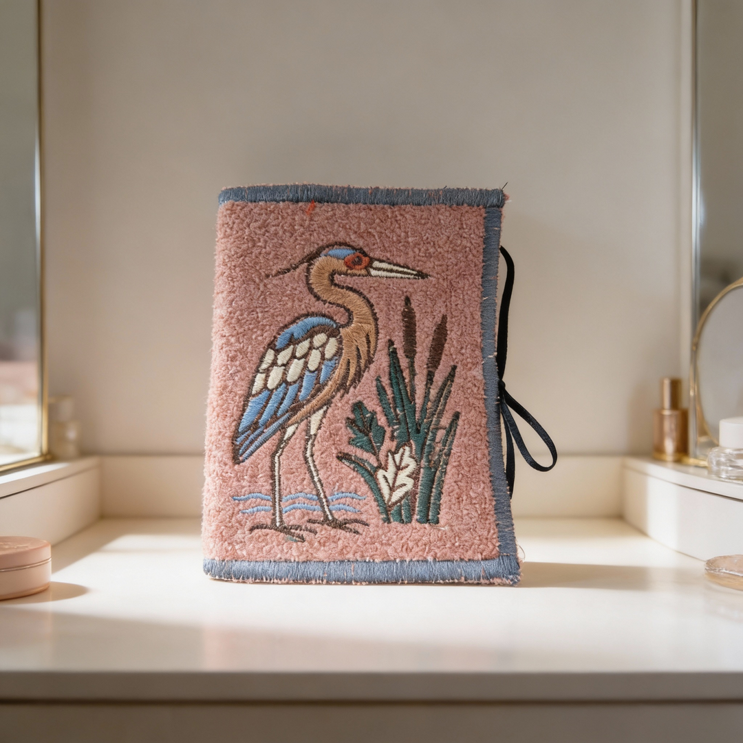 Decorative Needlecase with a heron design on a windowsill