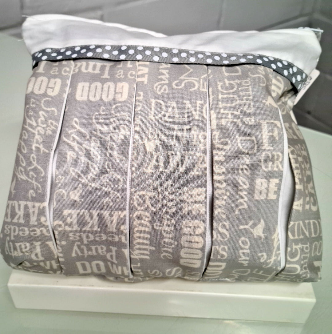 Feel Good Phrases on Grey with plain Grey Trim: Pleated Cosmetic Bag