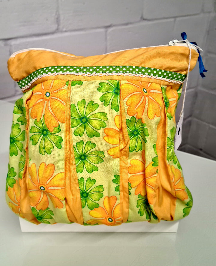 Orange  and Green Flower Fabric  Pleated Cosmetic Bag