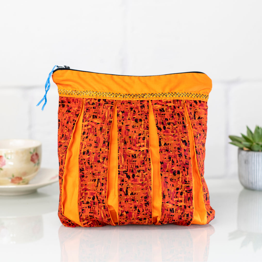 Feel Good Phrases on White with Orange Trim: Pleated Cosmetic Bag