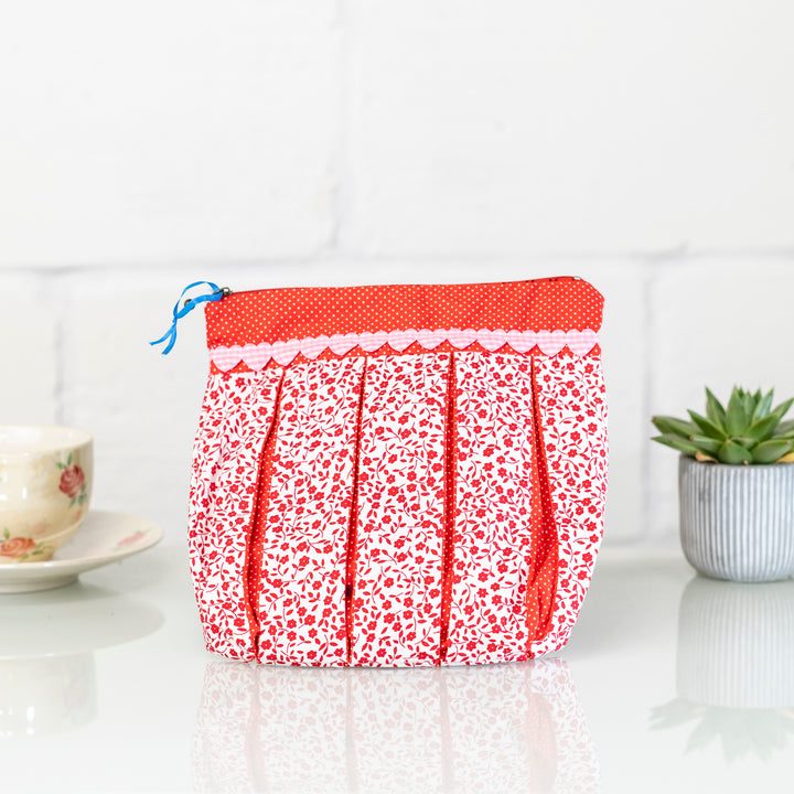 Red and White Pleated Cosmetic Bag